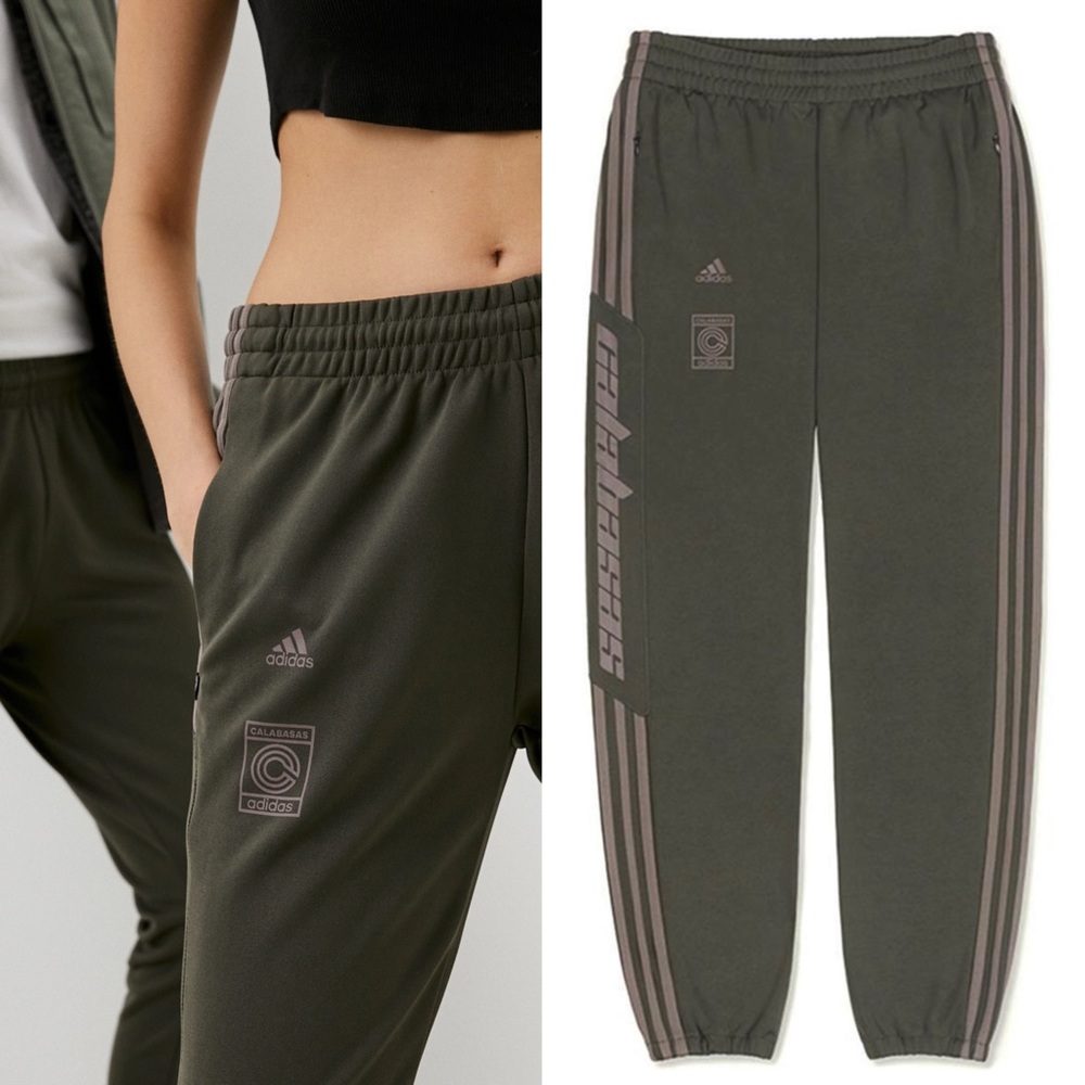 ADIDAS YEEZY Calabasas Graphic Logo Olive Green‎ Three-Stripe Leg Track Pants XS
